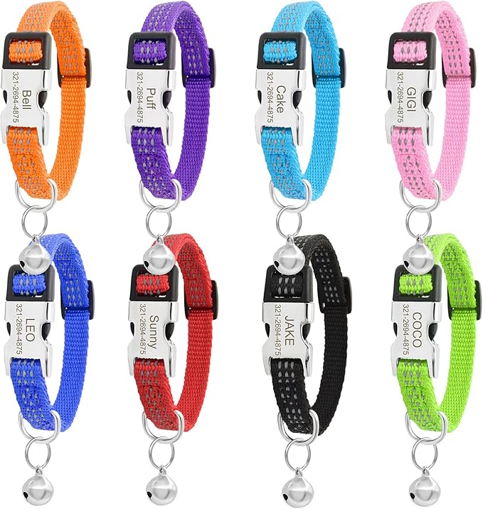 Personalized Reflective Nylon Cat Collar with Name Phone,Custom Engraved Buckle Cat Collar with Bell,Adjustable for Small Dogs Puppy Kitten (Purple,fit 7.5''-12.0'')