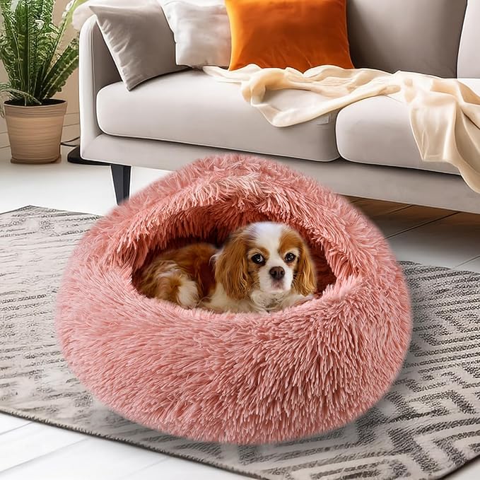 FORMYCATIE Cat Beds for Indoor Cats,Cat Cave for Puppy and Kitty,Calming Small Dog Bed for Small Dogs with Cover Cave,Cozy Warming Fluffy Washable Anti-Slip Pet Sleeping Bag(20 * 20inch,Leather Pink)
