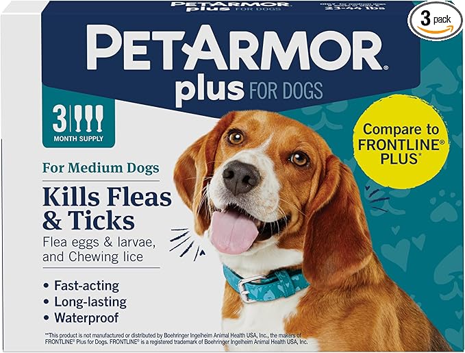 PetArmor Plus Flea and Tick Prevention for Dogs, Medium Dog Flea and Tick Treatment, 3 Doses, Waterproof Topical, Fast Acting (23-44 lbs)