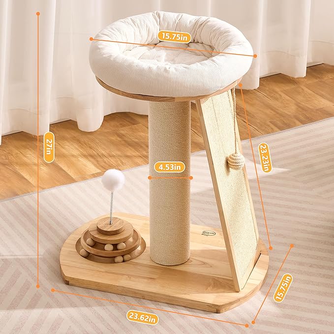 HITTITE Solid Wood Cat Tree Tower, Cat Scratching Post with Bed, 27" Small Cat Tree, Compact Cat Tower with Scratching Pad and Removable Cat Bed, Modern Cat Tower for Indoor Cats Large Adult.