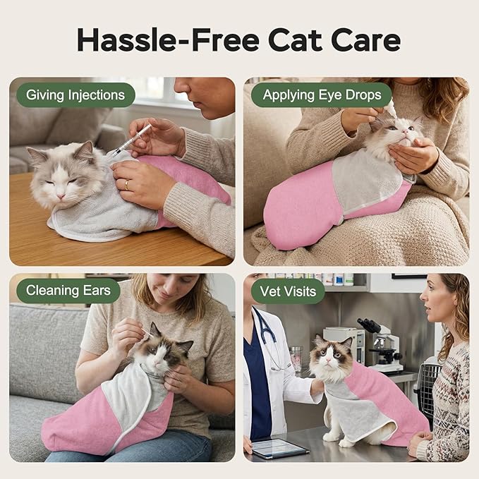 Cat Wrap for Cutting Nails, Self-Adhesive Cat Nail Clipping Restraint Bag, Anti-Scratch Cat Grooming Wrap Swaddle for Meds, SubQ Fluids, Ear Cleaning, Teeth Brushing & Vet Visits,Pink,M