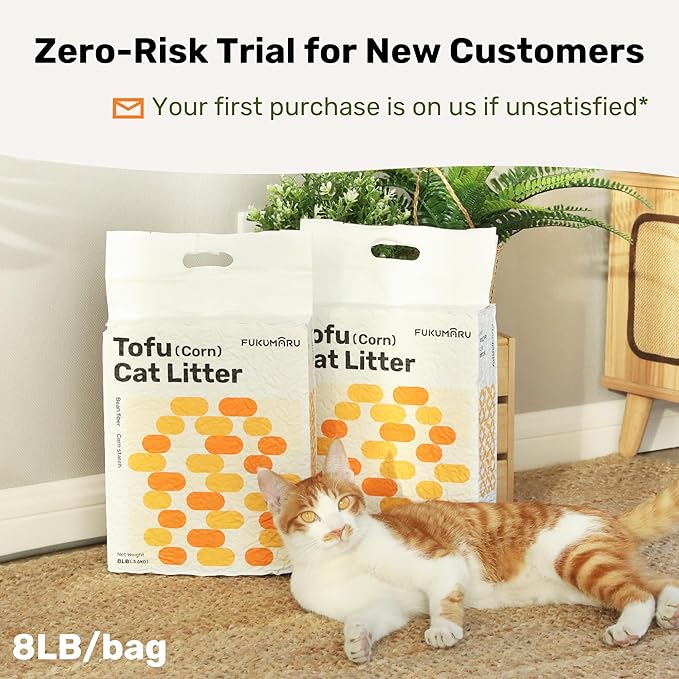 FUKUMARU Tofu Cat Litter - Natural Lightweight Bean Dregs & Corn Starch Cat Litter Pellets, Dust Free Quick Clumping, Effective Odor Control, Flushable, Low Tracking, 32lb (8lb x 4 Bags)