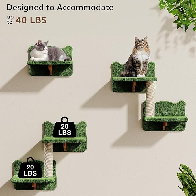 Cat Wall Shelves, Wall Mounted Cat Shelf Furniture with Plush Fabric(13 Piece Set), Cats Furniture with Moon Hammock, Condos, House, Steps, Bridge Ladder, Scratching Post, Green