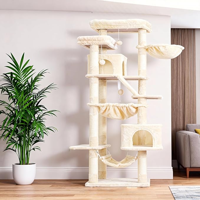 Heybly Cat Tree, 71-Inch-Tall Tower for Indoor Cats with 2 Perches, 2 Big Condos, 2 Hammocks, Basket, Scratching Pad, Large Cat Furniture and Condo, Beige HCT034M