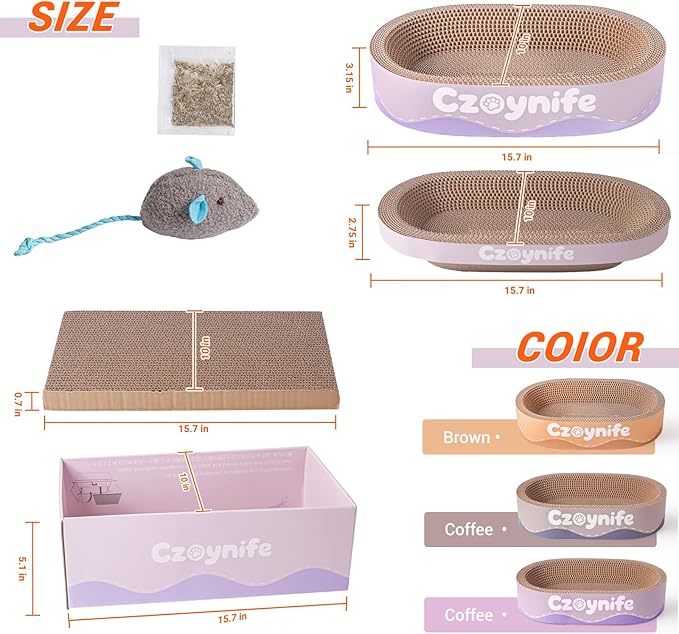 3PCS Cat Scratcher Bed, Oval Cat Scratcher Pad Bowl Nest for Indoor Cats, Round Cat Scratching Cardboard, Furniture Protector for Couch, for Kittens (Purple, 15.7 * 10 in)