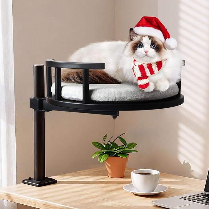 Cat Bed for Desk,14.9" Desk Cat Hammock with Clamp,Wooden Desktop Pet Perch, Elevated Cat's Nest Mounted on Table for Office & Computer Setup,360°Rotating Perch，Mat Machine Washable,Black