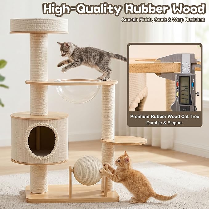 45IN Wooden Cat Tree for Large Indoor Cats, Multi-Level Cat Tower with Wide Base, Rubberwood Cat Condo, Space Capsule Bed, Scratching Posts, Reversible Mats & Modern Cat Furniture