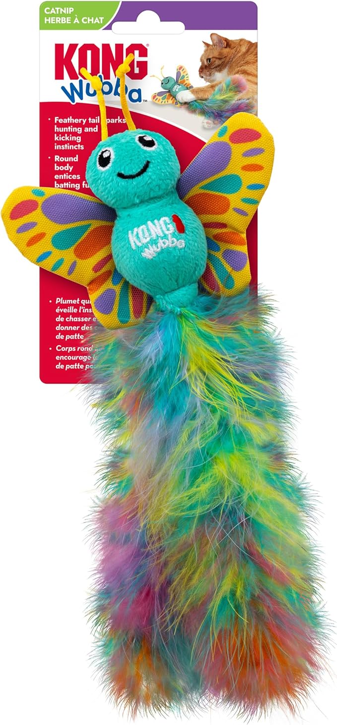 KONG Wubba Cat Toy – Catnip-Infused, Crinkle and Rattle Sound & Feathery Tails for Batting, Pouncing & Interactive Play (Butterfly)
