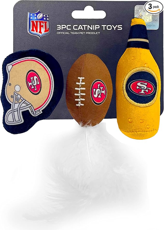 BEST PLUSH CAT TOY NFL SAN FRANCISCO 49ERS Complete Set of 3 piece Cat Toys filled with Fresh Catnip. Includes: 1 Helmet Cat Toy, 1 Football Cat Toy with Feathers & 1 Beer Bottle. Beautiful Team LOGOS