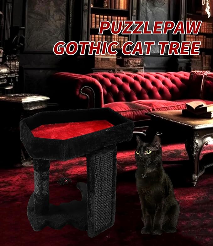 Gothic Cat Tree Tower with Coffin Cat Bed for Indoor Cats, Halloween Spooky Cat Scratcher,Goth Cat Tree with Sisal Scratchig Post and Spider Dangling Toys,Black with Red