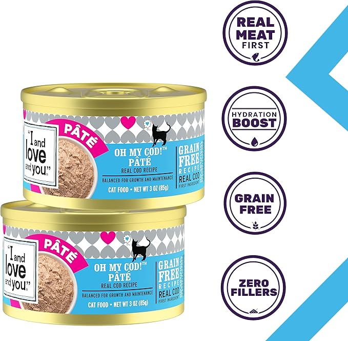 I AND LOVE AND YOU Wet Cat Food - Oh My Cod Pâté - Cod Recipe, Grain Free, Filler Free, 3oz Pack of 4 Cans