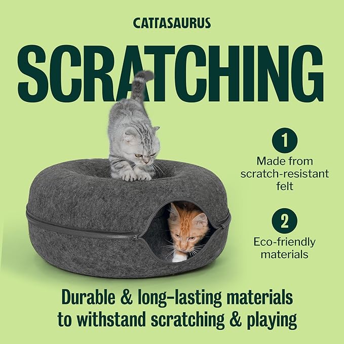 Cattasaurus Peekaboo Cat Cave Donut for Multiple & Large Cats up to 30-45 lbs, 3-in-1 Self Warming Cat Bed, Tunnel & Scratcher for Indoor Cats, Washable & Detachable (Light Gray + Dark Gray, Large)