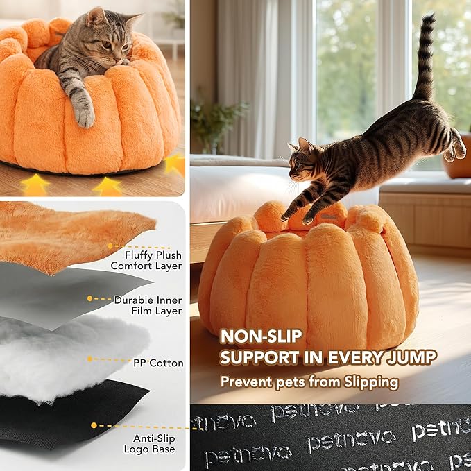 PETNOVO Pumpkin Cat Bed, Plush Donut Cuddler with High Bolster, Non-Slip Cozy Pet Nest for Indoor Cats up to 13 lb and Small Dogs, 20L x 20W x 12H Inch, Pumpkin Yellow
