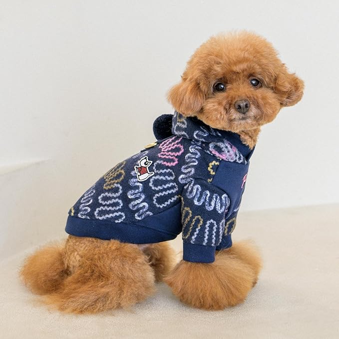 Puppia Rory Cute Winter Hooded Fleece Shirts with Integrated Harness for Small and Medium Dogs, Navy, Large