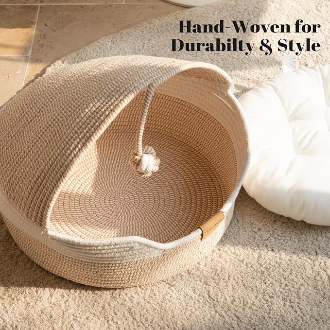 CHEERPALS Cat Basket Bed with Washable Cushion and Ball Rope Cotton, Covered Pet Bed for Indoor Cats Cave Bed Hooded, Stimulicat Cat Bed Handwoven Breathable, All Season Universal(White)