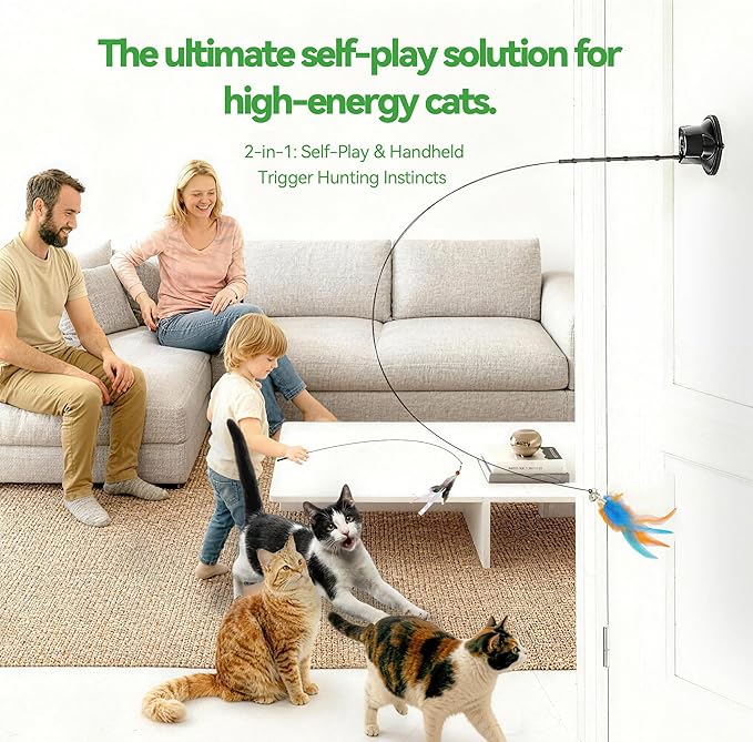 Upgraded Dual-Hole Suction Cup Cat Wand Toy - Single Base Holds 2 Steel Wire Wands - 9-Piece Interactive Teaser Set for Self-Play & Handheld, Perfect for Multi-Cat & High-Energy Kittens