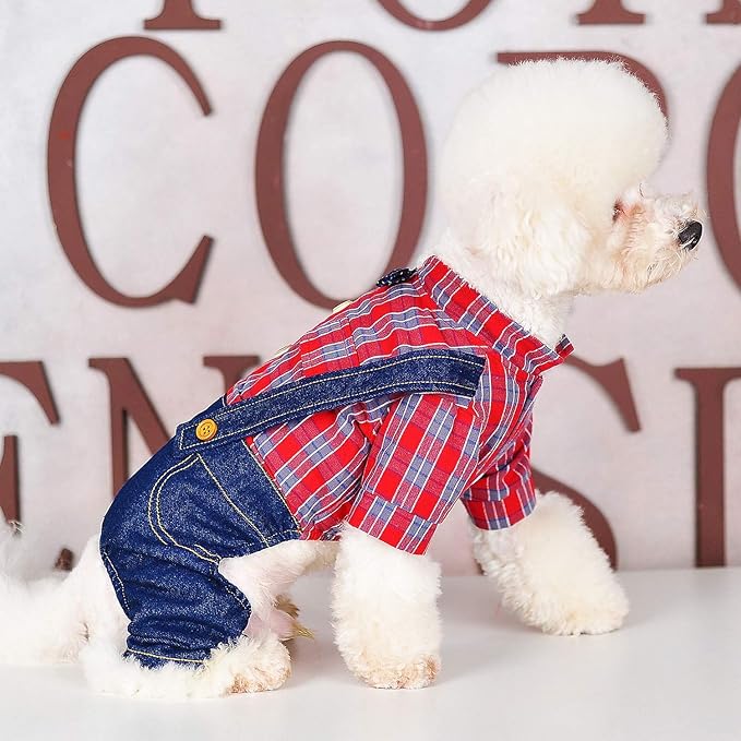 SMALLLEE_LUCKY_STORE Pet Clothes Costume Puppy Denim Overalls for Small Medium Dogs Cats Boys Bowtie Plaid Shirt Jeans Pants Outfits Chihuahua One Piece Jumpsuit,Red XL