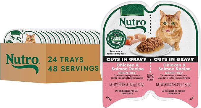 Nutro Perfect Portions Wet Cat Food Cuts in Gravy Chicken & Salmon Recipe, Cat Food Wet Recipe, 2.64 oz. Twin-Pack Trays (24 Count)