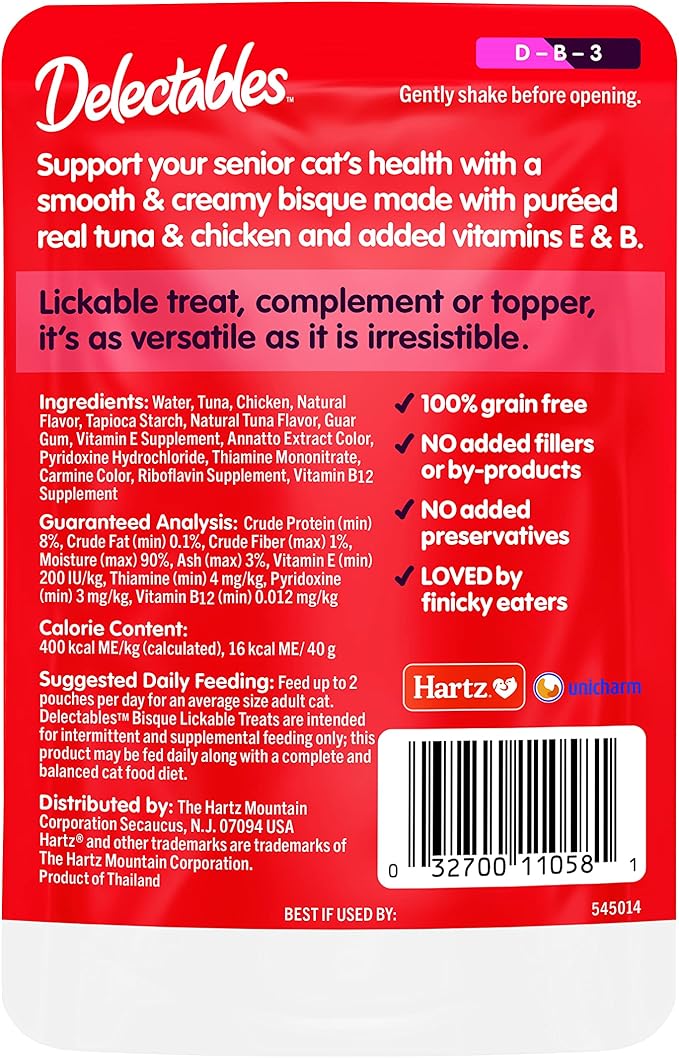 Delectables Lickable Treat Bisque Senior 10+ Wet Cat Treat with Real Tuna & Chicken, Food Topper, Hydrating, Grain-Free, No Fillers, By-Products, Added Preservatives, 1.4oz Pouch, 12ct