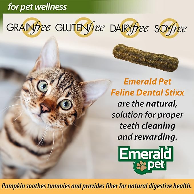 Emerald Pet Grain-Free Tuna Cat Dental Treats – Crunchy Dental Sticks for Cats to Clean Teeth, Reduce Plaque & Tartar, Freshen Breath – Pumpkin for Digestive Health, Natural Cat Chews, 3.6 oz