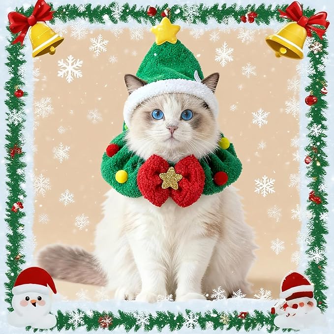 Cat Christmas Outfit 2pcs Set, Cat Santa Hat with Wreath Scarf, New Year Decoration Costume Suit for Small Dogs, Rabbits, Green