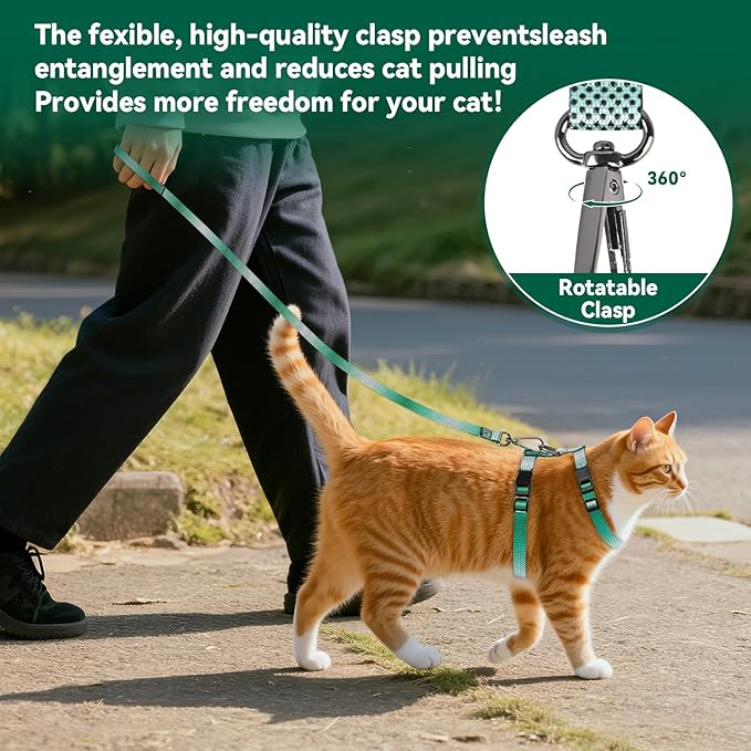 Cat Harness and Leash Set, 3-in-1 Escape Proof Adjustable, Comfortable Soft Lightweight, Safe, Easy to Wear, Walking Travel Kitten Harness for Small Medium Cats (Light Green)