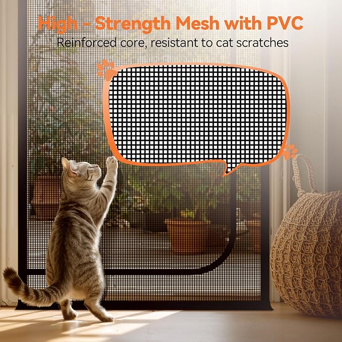 BFNN Cat Screen Door, Extra Tall Cat-Proof Mesh Gate, Fit Door Size 34'' x 82.5'', Anti Scratch Mesh with Zipper Closure, for Living Room, Kitchen, Bedroom (Black)