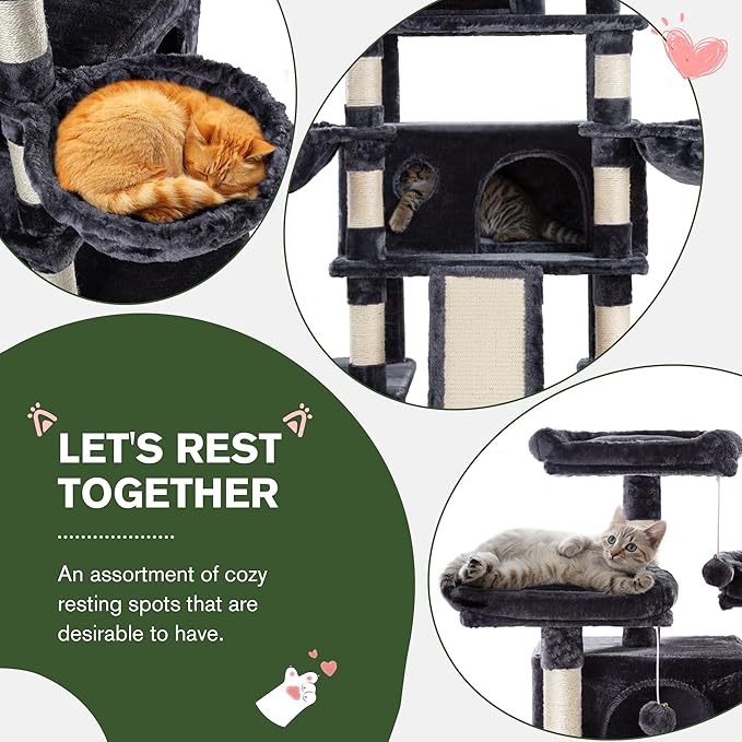IMUsee 68 Inches Multi-Level Large Cat Tree for Large Kitties/Big Cat Tower with Condo/Cozy Plush Perches/Sisal Scratching Posts and Hammocks/ ‌Feline Activity Center Play House/Smoky Grey