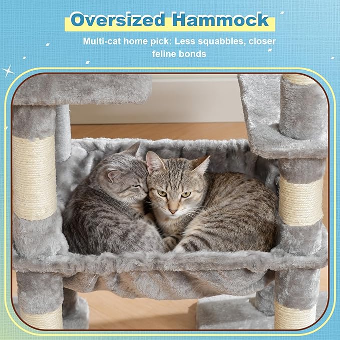 Hey-brother Cat Tree Tower, Scratching Posts with Big Platform, 2 Condos, Spacious Hammock, Cozy Basket, Sisal Board for Indoor Large Adults, 50 Inches Progressive Climbing House, Light Gray MPJ071W