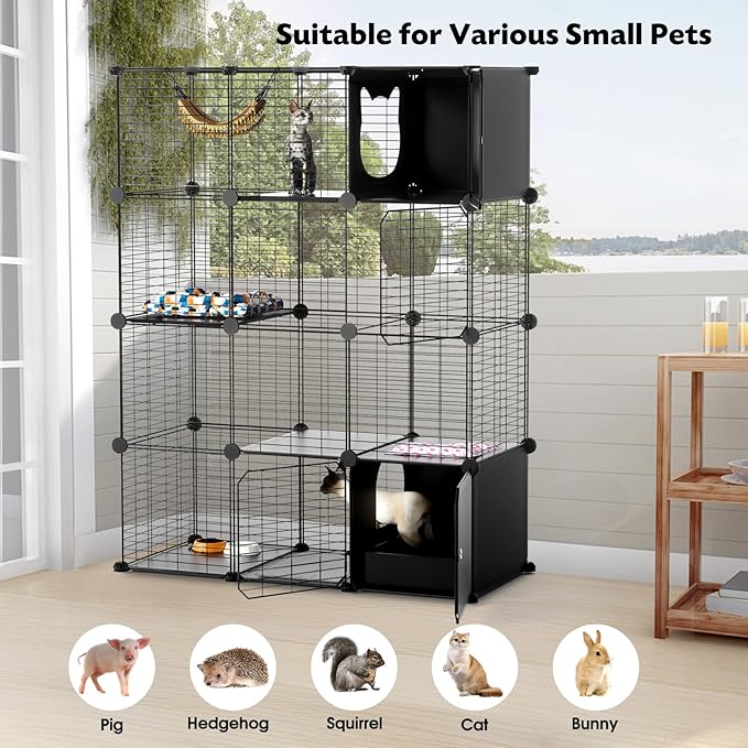 PAWING Cat Enclosure Indoor with Litter Box, 4-Tier Metal Wire Cat Cage, DIY Detachable Design for Cats, Kittens & Small Animals, Multi-Level Kennel