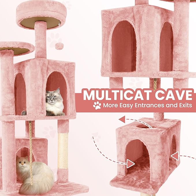 58.5inch Large Cat Tree Tower Condo for Indoor Cats, Soft Plush Multi-Level Climbing Tree Cat House with Cat Cave, Scratching Post, More Entrance/Exit, Sisal Rope, Pink