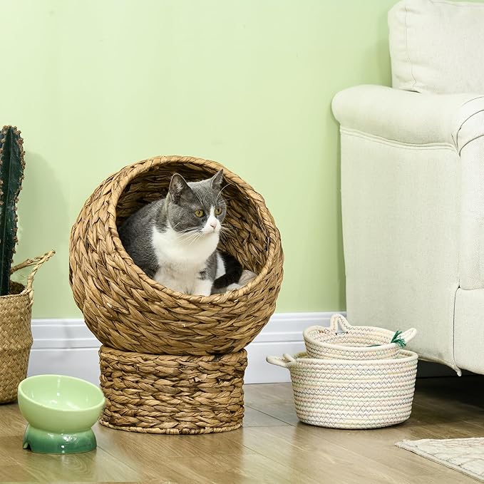 PAWHUT Egg Chair Rattan Elevated CAT Bed with Removable Cover, 17-in, Brown