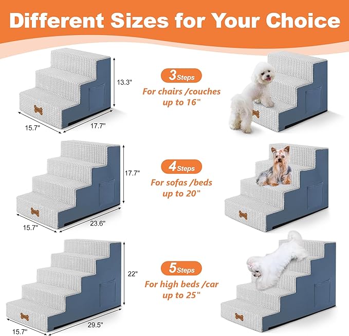 POCBLUE Dog Stairs for Bed 17.7" H, 4-Step Pet Steps for High Bed or Couch, Non-Slip Pet Ramp for Small Dogs and Cats Indoor with Washable Cover, Grey