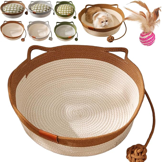 Cat Toy Baskets for Indoor Cats, Cotton Rope Woven Cat Basket Bed, Ergonomic Design with Cat Ear Handles & Interactive Teaser Ball, Soft, Breathable, Scratch-Resistant (Brown,S)