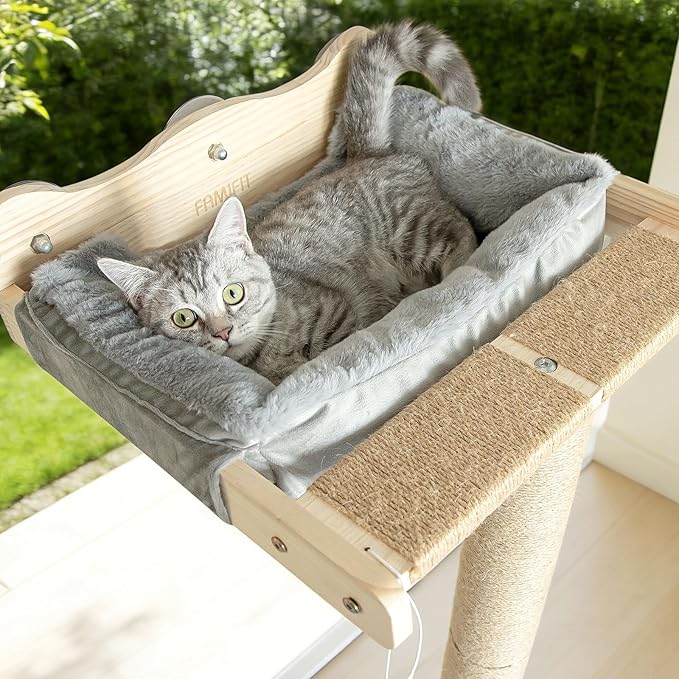 Cat Window Perch Hammock with 3-Piece Detachable Sisal Scratching Posts, Gray Fluffy Cusion, Drill-Free Suction Cup Mount, Multi-Level Climbing Perch for Bird Watching, 45 LBS Capacity