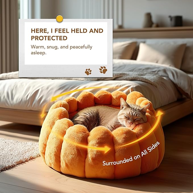 PETNOVO Pumpkin Cat Bed, Plush Donut Cuddler with High Bolster, Non-Slip Cozy Pet Nest for Indoor Cats up to 13 lb and Small Dogs, 20L x 20W x 12H Inch, Pumpkin Yellow
