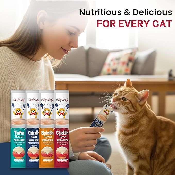 Purée Pops + Green Feeding Spoon, Grain-Free, Lickable, Squeezable Creamy Cat Treat/Topper, 10 Tubes, Chicken and Seafood Mix Variety