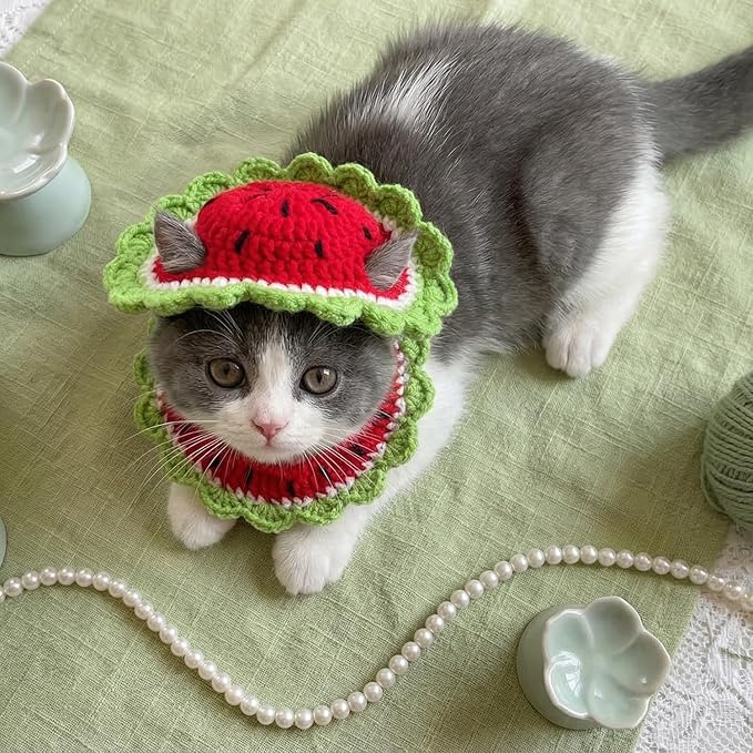 Handmade Crochet Watermelon Kitten Cat Hat Bowtie Collar | Cute Knitted Breakaway Cat Tie Collars Ideal for Birthdays, Pet Parties, Seasonal Celebrations (Red and Green)
