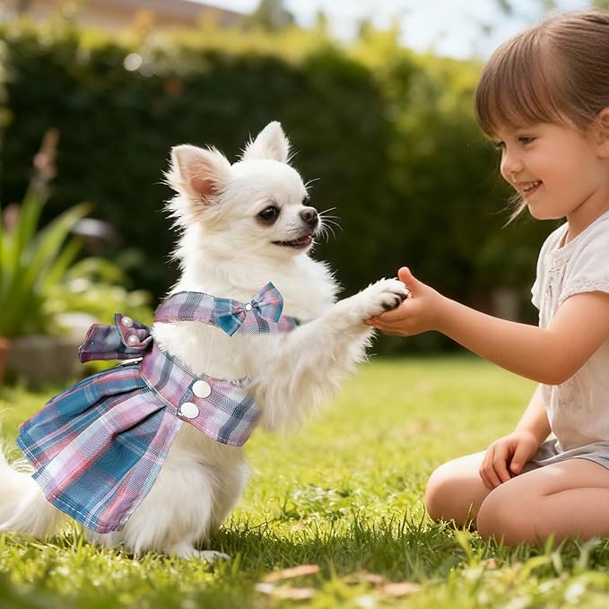 Dog Dress Bowknot Harness Leash Set for Small Dogs Girl Cute Plaid Dog Dress Pearls Bow Tie Spring Summer Princess Clothes Birthday Holiday Doggie Outfits for Puppy Cats Girl (Lake Blue, Medium)
