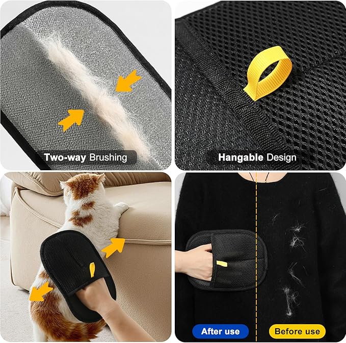 4PCS Professional Pet Hair Remover Glove Set, Black Mesh, Grooming Brush with Silicone Tips, for Dogs and Cats (3-Pack Gloves + 1 Brush)