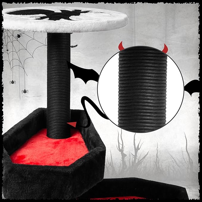 KAMABOKO Gothic Cat Tree with Coffin Bed, 46.9” Black Cat Tower for Indoor Cats with Scratching Posts, Halloween Cat Tree Tower for Large Cats, Black and Red