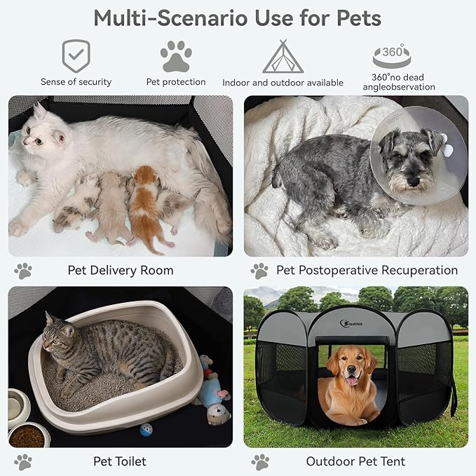 Siedihit Dark Grey Puppy Playpen for Large Dog Cat, Dogs Tent Crates Cage Indoor/Outdoor, Portable Pop Up Dog Kennel with Carrying Bag for Rabbits, (Dark Grey, Large)