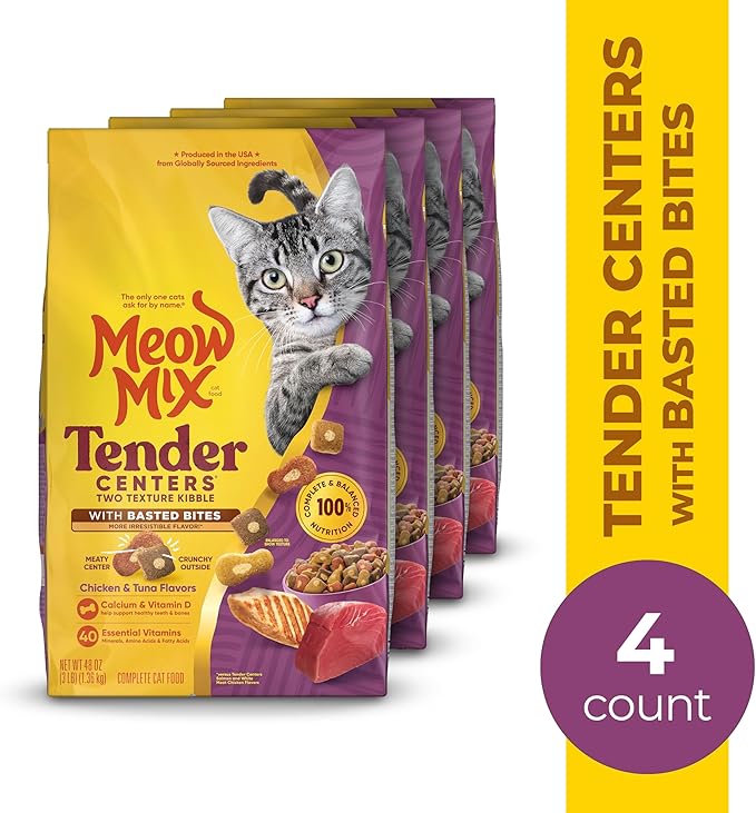 Meow Mix Tender Centers Dry Cat Food with Basted Bites, Chicken & Tuna Flavors, 3 Pound Bag (Case of 4)