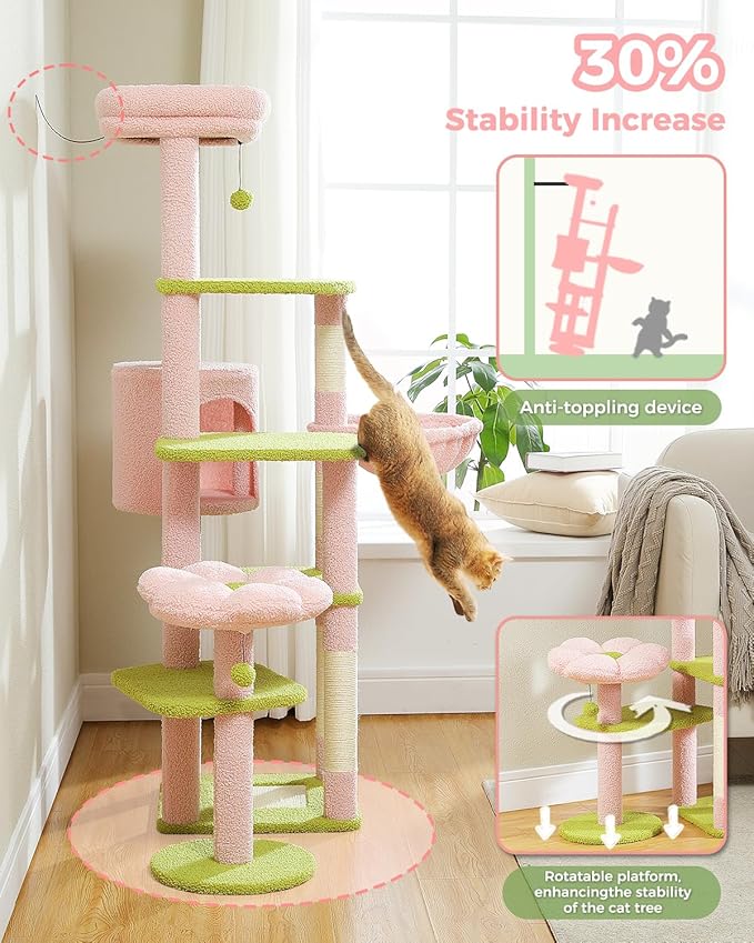 MUTTROS 59" Flower Cat Tree, Tall Cat Tree for Large Cat, Multi-Level Cat Tower, Cute Cat Tree for Indoor Cats, Cat Condo with Large Hammock, Scratching Post, and 2 Perches, Pink