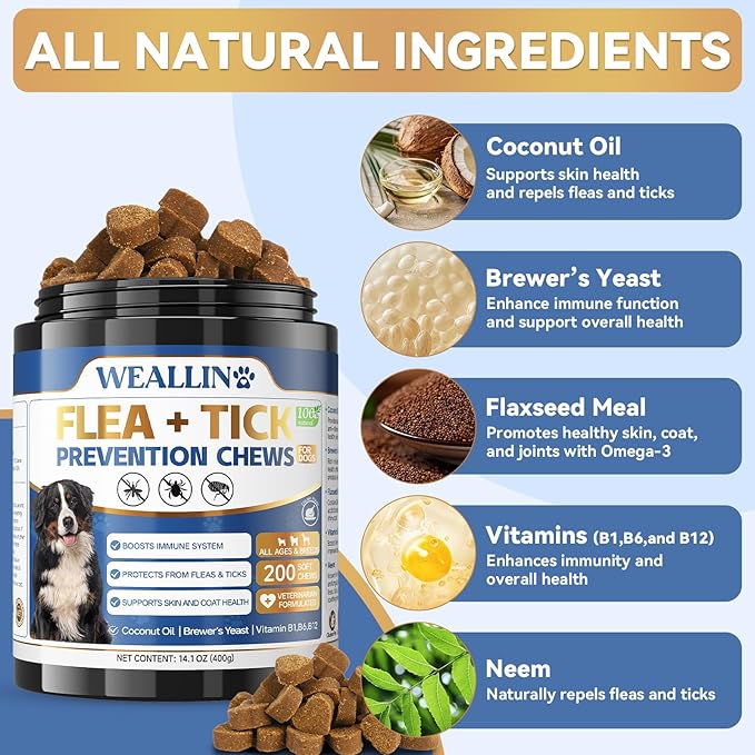 WEALLIN Flea and Tick Prevention Chews for Dog&Cats, Flea and Tick Prevention for Dogs, Flea and Tick Prevention for Cats, 200 Soft Chews, Chicken Flavor, Natural Flea and Tick Treatment