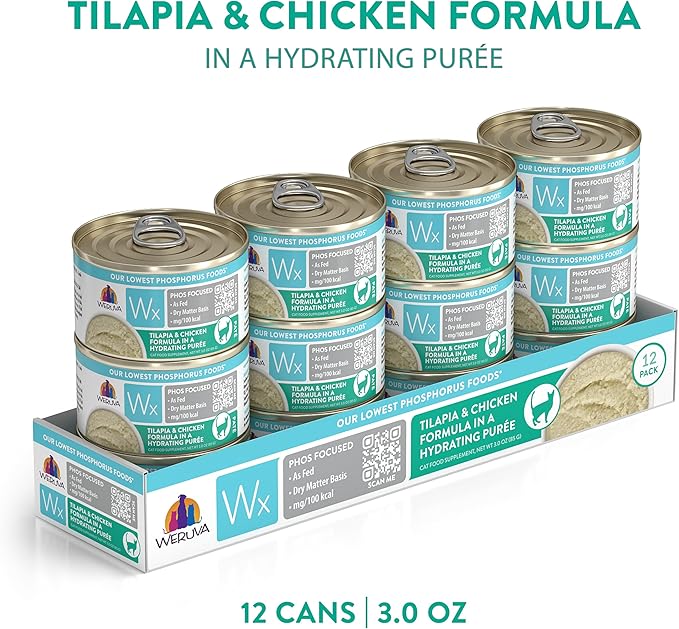 Weruva Wx Phos Focused Tilapia & Chicken Formula in a Hydrating Purée, 3oz Can, Pack of 12