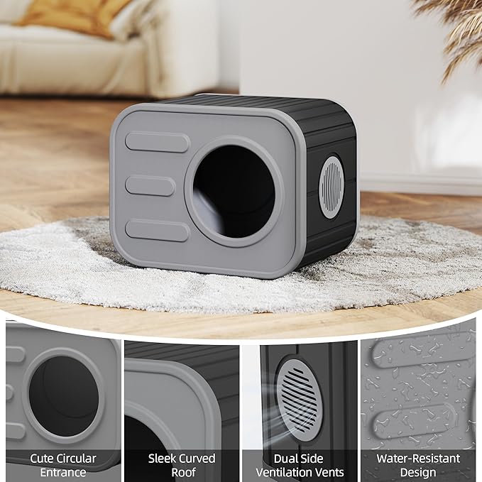 LHBcraft Outdoor Cat House Weatherproof, Feral Cat Houses for Outdoor Indoor Cats, Sturdy Resin Shelter with Camera-Shaped Design, Easy to Assemble Grey