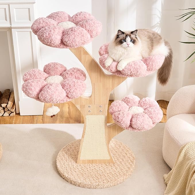 Aesthetic Flower Cat Tree Tower with Scratching Post for Indoor Cats, 48" Modern Cat Tree with Wood Sculpted Branch, Flower Cat Beds, Scratching Board & Interactive Squeaky Toy, Sakura Pink