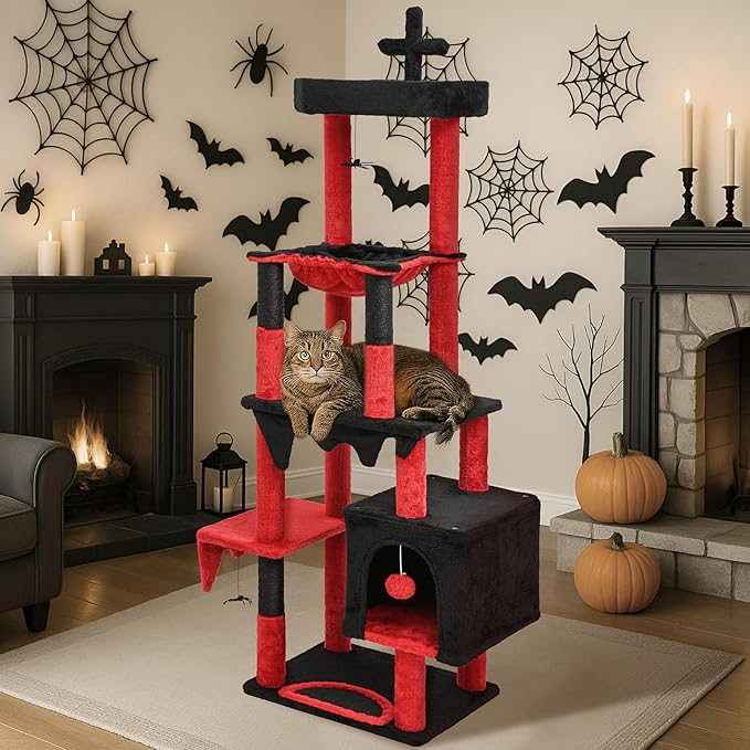 BYBYME Gothic Cat Tree for Halloween, 66in Tall Sturdy Furniture Set with Bed House, Hanging Toy, Scratching Board Sisal-Covered Posts, Multifunctional Cat Play Tower with Hammock（Black Red）