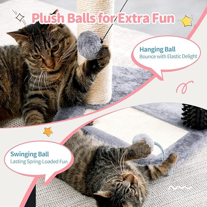 Small 4-in-1 Cat Tree Tower with Self-Grooming Brush, Sisal Scratching Post, Plush Cat Bed & Hanging Ball Toy, Compact Cat Tree for Indoor Kittens, Grey